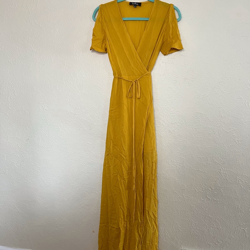 Lulus Much Obliged Golden Yellow Wrap Maxi Dress